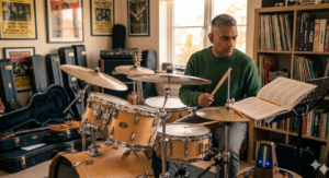 Former airline captain learning drums at home, showing how creativity, music, and continuous learning support cognitive health and mental sharpness in later life.