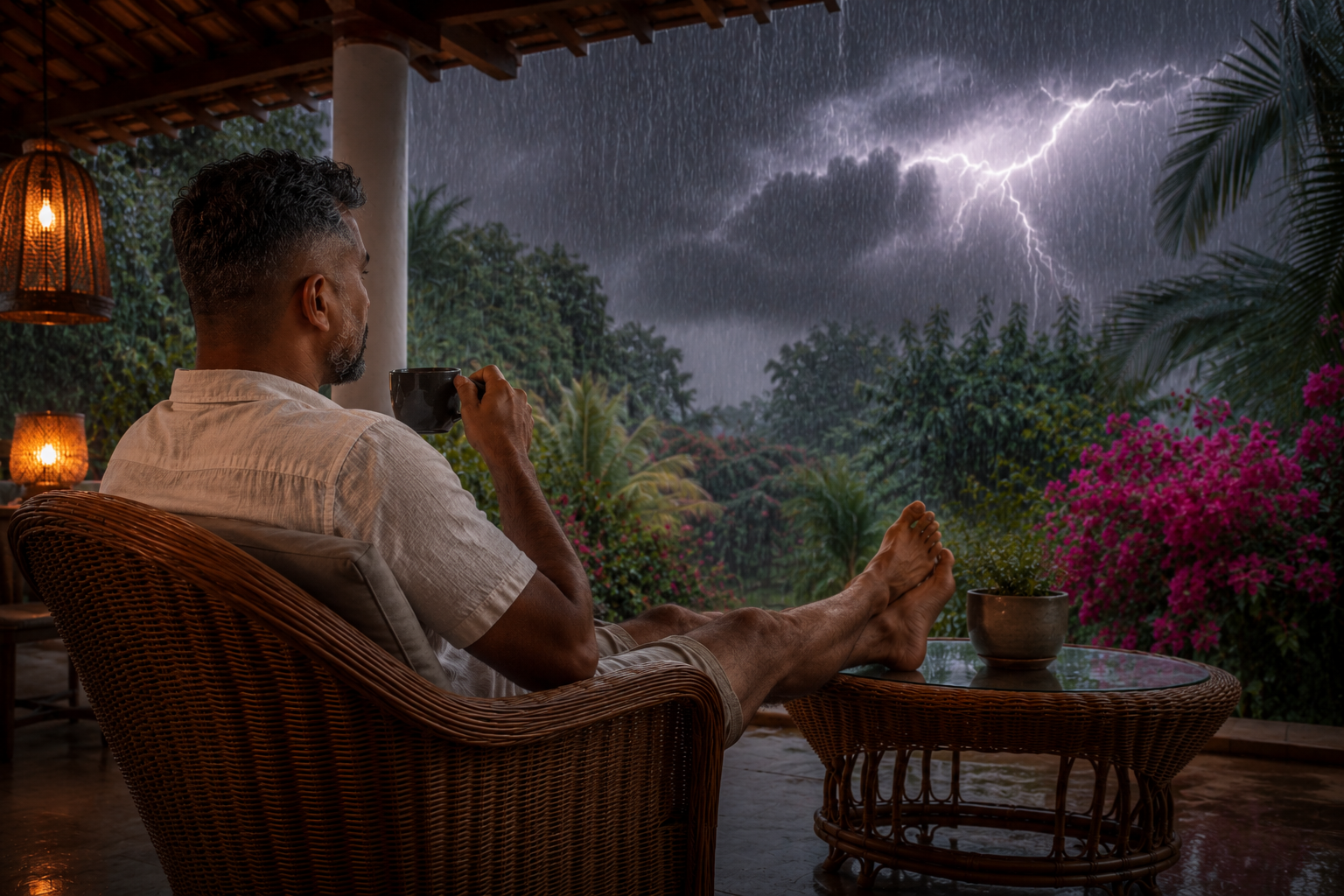 The best seat in the house: a man enjoying tea on a tropical verandah while watching a dramatic thunderstorm over a lush garden.