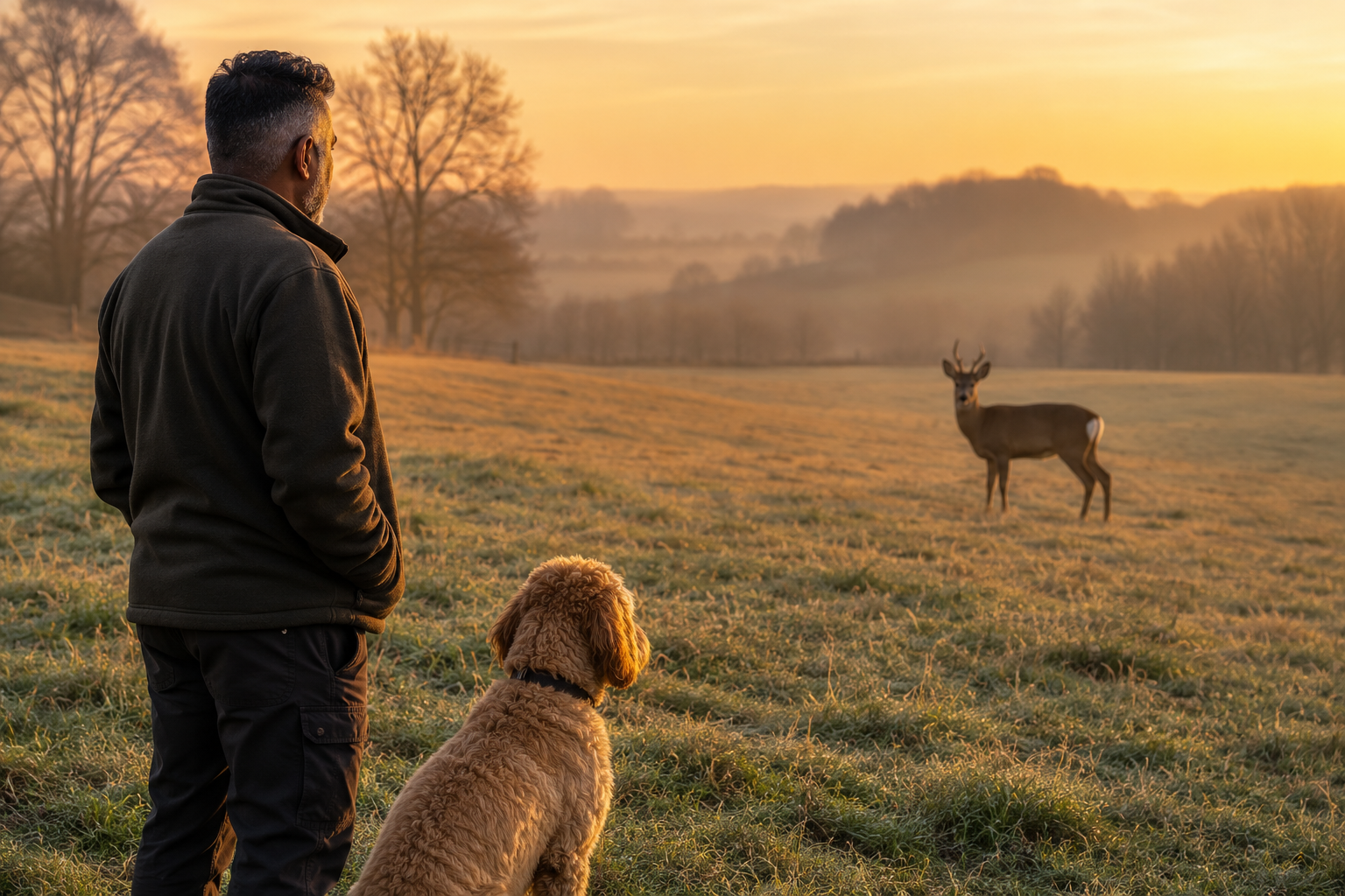 A man beside a light brown cockapoo in a misty field at dawn. Both are focused on a roe deer standing in the distance. The dog sits rigid with excitement while the man watches quietly. Golden early-morning sunlight illuminates the frosted grass and rolling Hampshire countryside, creating a calm and reflective rural scene.