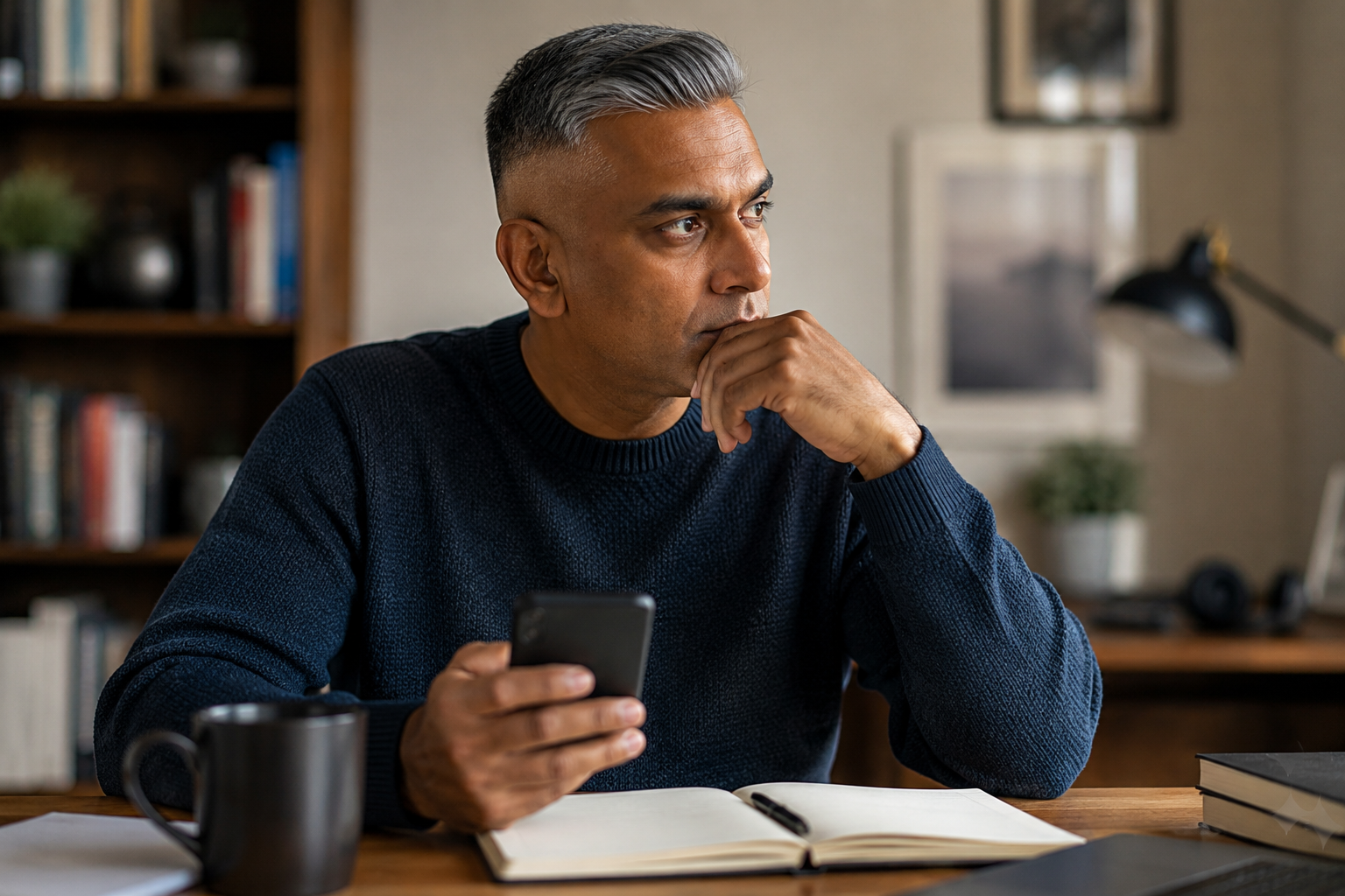 Thoughtful man distracted by his smartphone while sitting at a desk, illustrating how digital distractions compete for attention and interrupt deep thinking.
