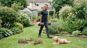 A man, with a clean shave and a high skin fade, performing a farmer's walk in a garden while feral rabbits dig in the lawn. A light brown Cockapoo, lies on his tummy near the rabbits.