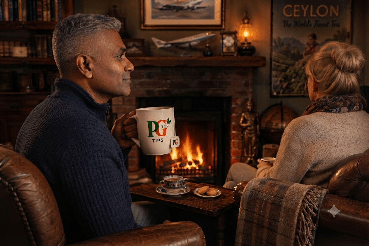 A relaxed man and woman sitting in cozy leather armchairs by a warm fireplace in a rustic library, the man holding a large mug of PG Tips tea, viewing the scene from a side-profile perspective.