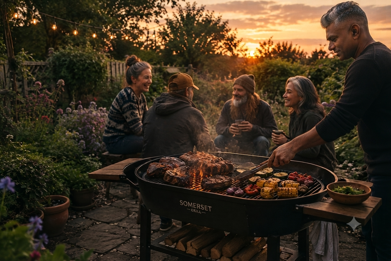 A clean-shaven man with a high skin fade haircut cooking gourmet meat and vegetables on a Somerset charcoal grill at an outdoor garden party with middle-aged guests at sunset.
