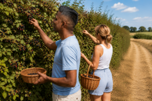 A man and lady foraging blackberries from a hedgerow in summer