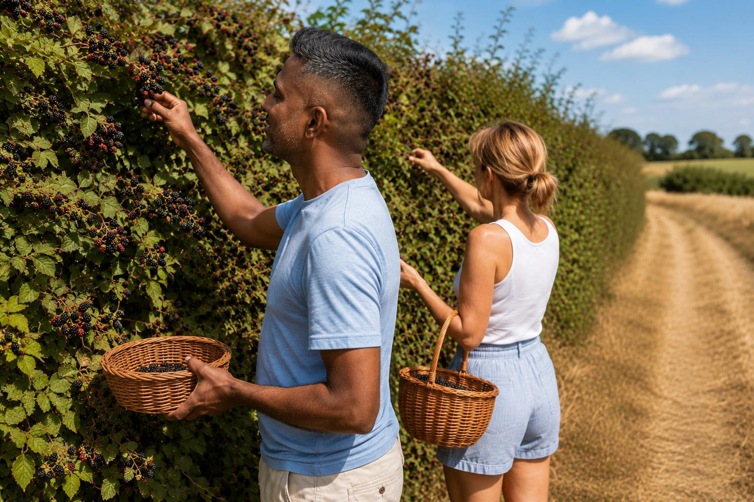 A man and lady foraging blackberries from a hedgerow in summer