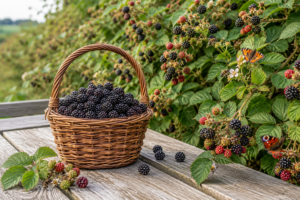 Basket full of freshly picked wild blackberries on a wooden picnic table beside a hedgerow laden with ripe and unripe blackberries, with bees and butterflies among the brambles during the UK blackberry foraging season.