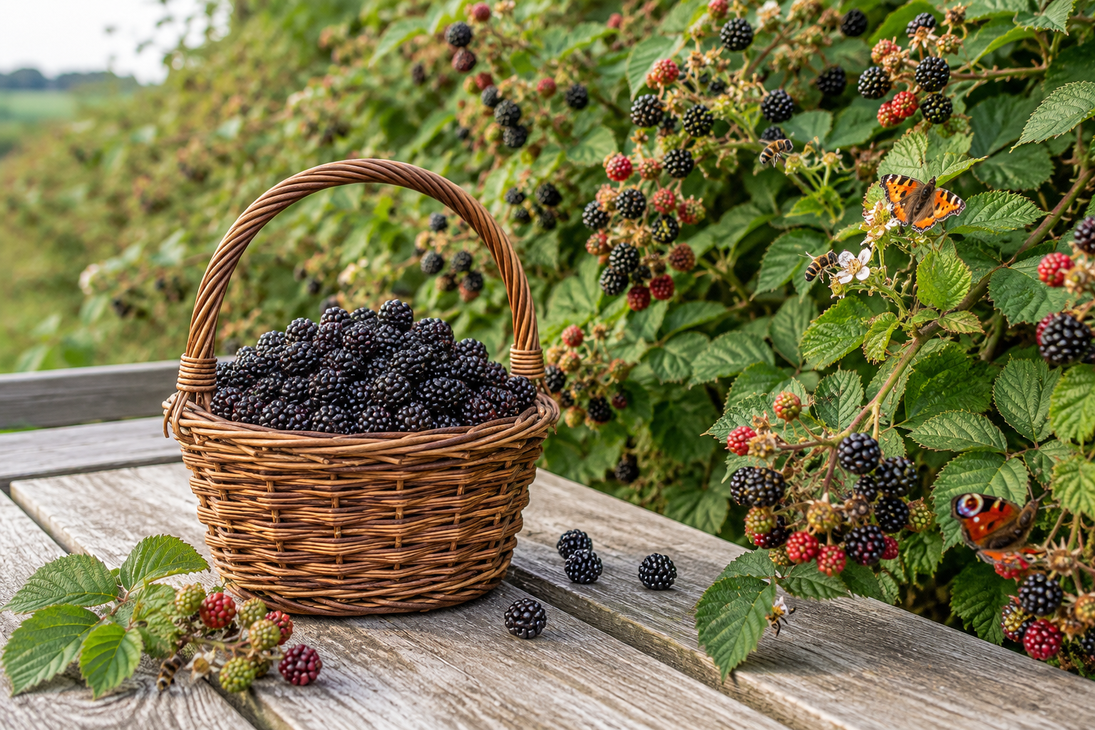 Basket full of freshly picked wild blackberries on a wooden picnic table beside a hedgerow laden with ripe and unripe blackberries, with bees and butterflies among the brambles during the UK blackberry foraging season.