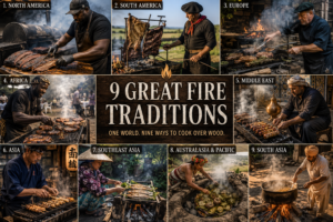 A collage illustrating the world's nine great wood-fired cooking traditions, featuring authentic local people preparing regional dishes over wood fires: North American barbecue, South American asado, British and European grilling, African braai, Middle Eastern kebabs, Indian tandoor cooking, Southeast Asian street grilling, Far Eastern yakitori, and Australasian and Pacific earth-oven cooking. Each scene showcases traditional fire-cooking methods, regional culture, and wood-fired cuisine from around the world.