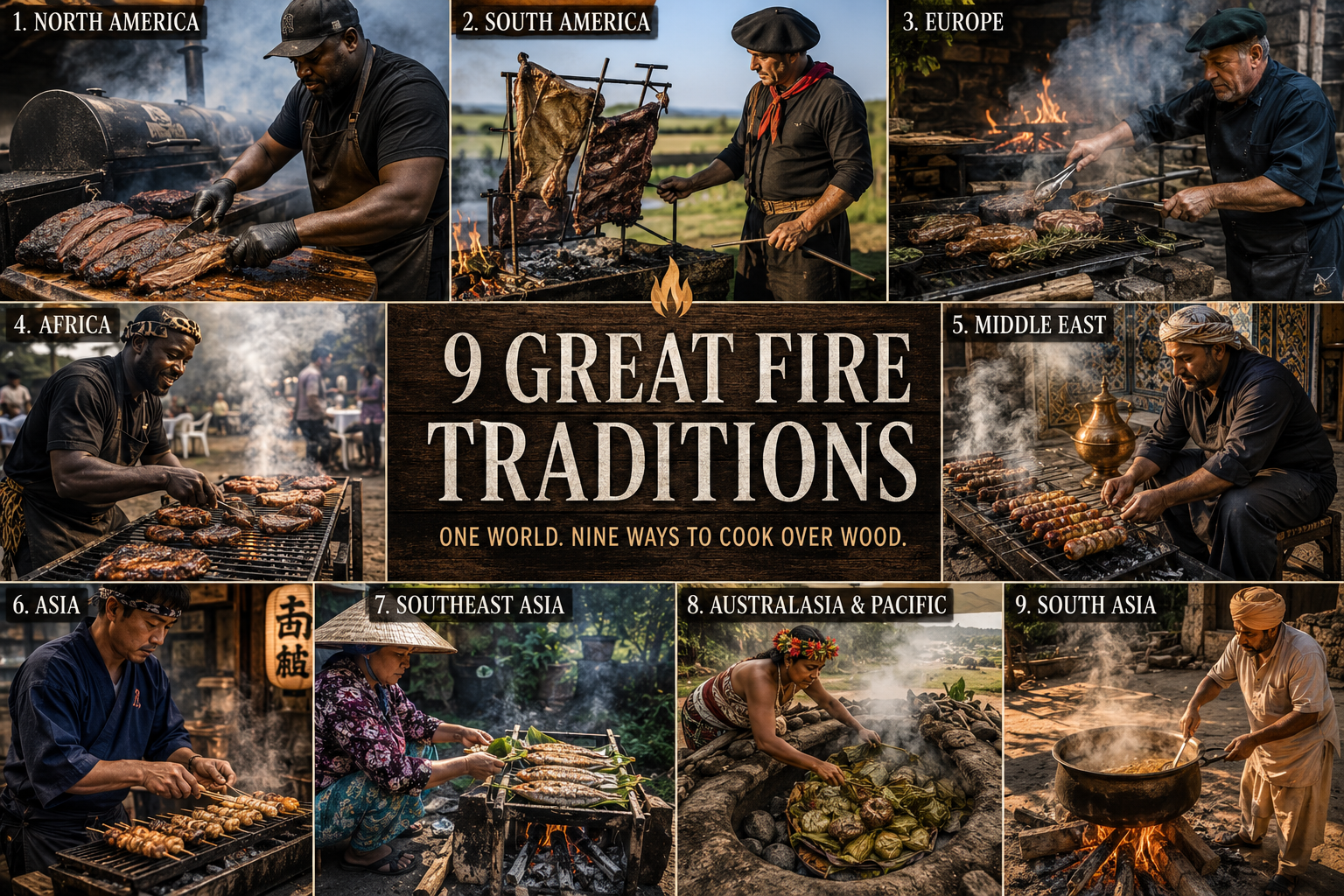 A collage illustrating the world's nine great wood-fired cooking traditions, featuring authentic local people preparing regional dishes over wood fires: North American barbecue, South American asado, British and European grilling, African braai, Middle Eastern kebabs, Indian tandoor cooking, Southeast Asian street grilling, Far Eastern yakitori, and Australasian and Pacific earth-oven cooking. Each scene showcases traditional fire-cooking methods, regional culture, and wood-fired cuisine from around the world.