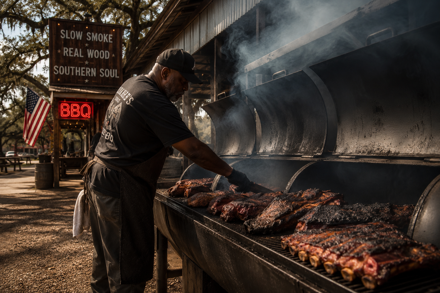 A pitmaster tends an enormous offset smoker outside a traditional Deep South barbecue restaurant, checking rows of slow-smoked brisket and ribs as wood smoke drifts into the warm afternoon air beneath towering oak trees. An American flag and rustic barbecue signs evoke the heritage of low-and-slow Southern barbecue.