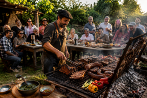 An Argentine asador tends a traditional parrilla loaded with beef ribs, sausages and vegetables over glowing hardwood embers in a lush garden at golden hour. Friends and family gather around rustic tables with wine, chimichurri and shared dishes, laughing and enjoying a relaxed outdoor asado as woodsmoke drifts through the warm evening light.