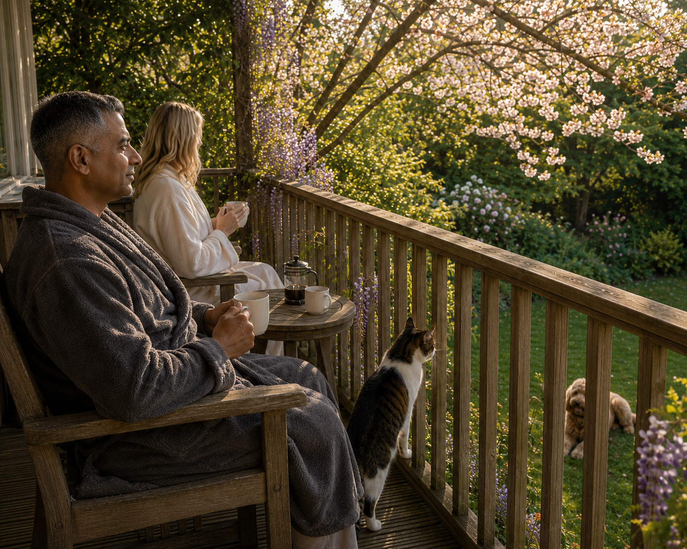 Man and his wife enjoying tea on a wooden balcony with their elderly cat watching birds, while a cockapoo relaxes in the garden on a peaceful early summer morning.