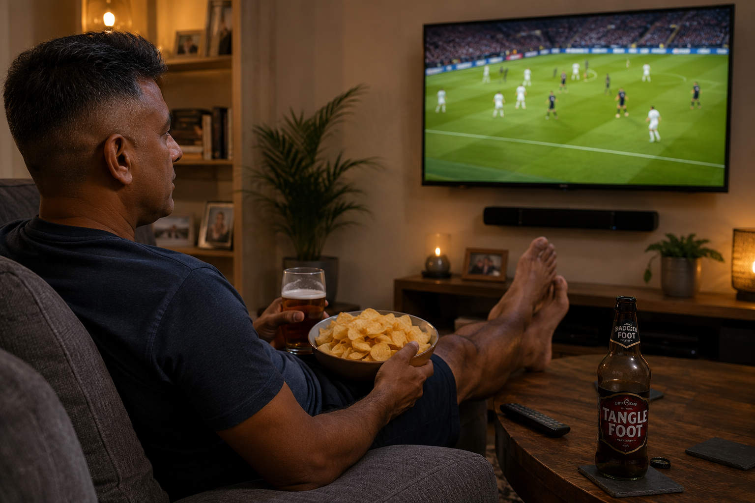 A man with a high skin fade haircut relaxes on a sofa with his feet up, watching a football match on a wall-mounted television.