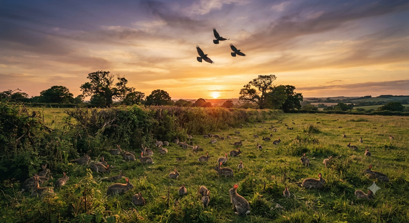 A peaceful Hampshire field at sunset, teeming with numerous wild rabbits grazing in the grass, while three crows fly across a golden-hued sky."