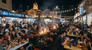 Vibrant night scene at Satay Street in Singapore, featuring Lau Pa Sat market in the background beneath a clock tower. Rows of street hawkers tend to blazing grills packed with skewers of satay, sending up flames and smoke, while crowds of diners fill the outdoor tables enjoying food and drinking Tiger Beer.