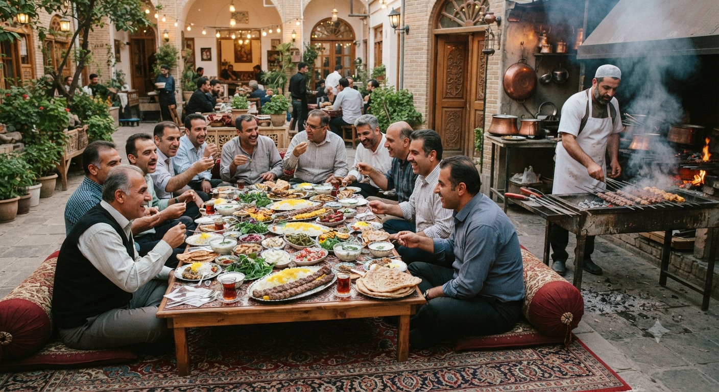 A large party of Iranian men sitting around a low table laden with a spread of Persian dishes, meze, and skewered meats.