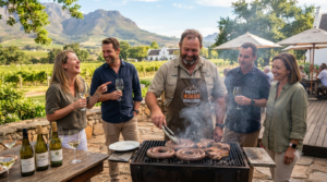 A braai master wearing a "Project Human Braai Crew" apron smiling as he cooks spirals of boerewors on a grill outdoors in Stellenbosch. A group of cheerful guests holding glasses of white wine stand around the braai, laughing, enjoying themselves, and offering opinions, with a table of wine bottles nearby and a scenic vineyard and mountain landscape in the background under a bright, sunny sky.