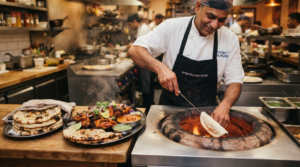 A smiling Indian chef in a white uniform and black apron reaching into a fiery, glowing tandoor oven to stick raw naan dough inside. To his left on a wooden workstation sits a stack of freshly baked naan bread on a plate and a platter of grilled tandoori chicken garnished with fresh cilantro, onions, and limes.