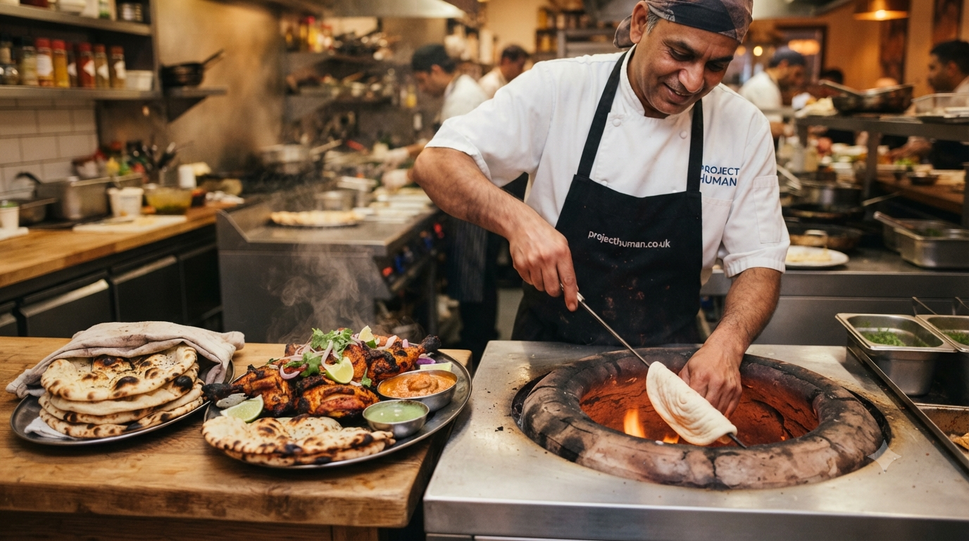 A smiling Indian chef in a white uniform and black apron reaching into a fiery, glowing tandoor oven to stick raw naan dough inside. To his left on a wooden workstation sits a stack of freshly baked naan bread on a plate and a platter of grilled tandoori chicken garnished with fresh cilantro, onions, and limes.