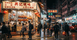 Description: A bustling Hong Kong night street scene with pedestrians walking past a lit Cantonese restaurant. Details: The restaurant's large glass window clearly displays rows of hanging roast duck and geese siu mei under bright interior lighting. Setting: The wet pavement reflects the vibrant neon signs, glowing storefronts, and passing traffic typical of a lively urban evening.