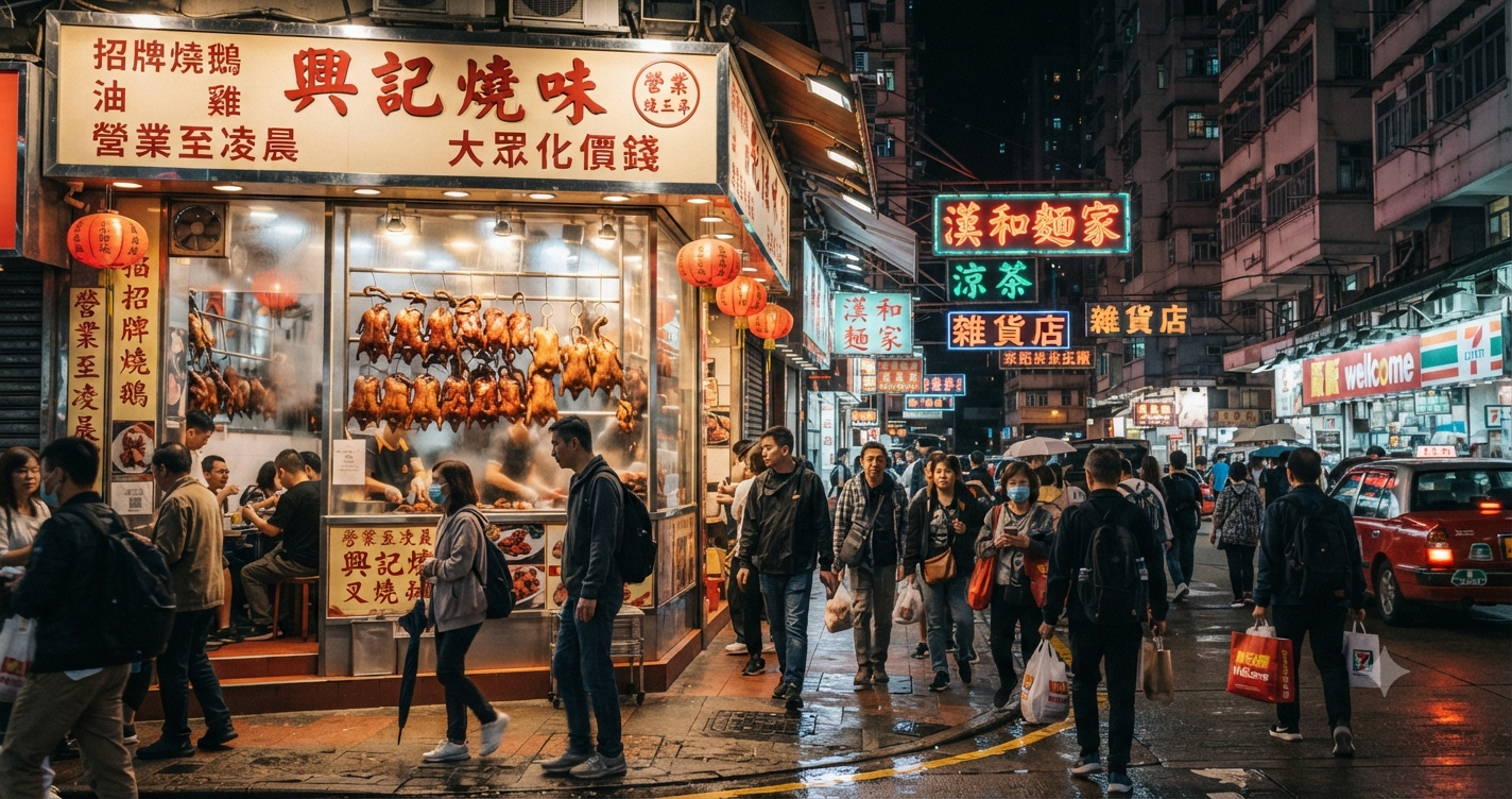 Description: A bustling Hong Kong night street scene with pedestrians walking past a lit Cantonese restaurant. Details: The restaurant's large glass window clearly displays rows of hanging roast duck and geese siu mei under bright interior lighting. Setting: The wet pavement reflects the vibrant neon signs, glowing storefronts, and passing traffic typical of a lively urban evening.