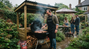 A man cooking sausages on a kettle grill beneath a wooden firewood shelter in a rainy British garden with guests laughing in the background.