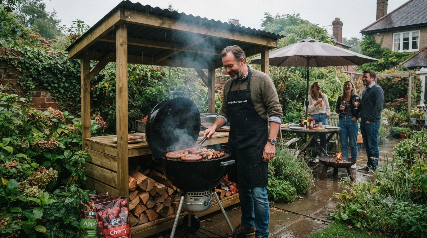A man cooking sausages on a kettle grill beneath a wooden firewood shelter in a rainy British garden with guests laughing in the background.
