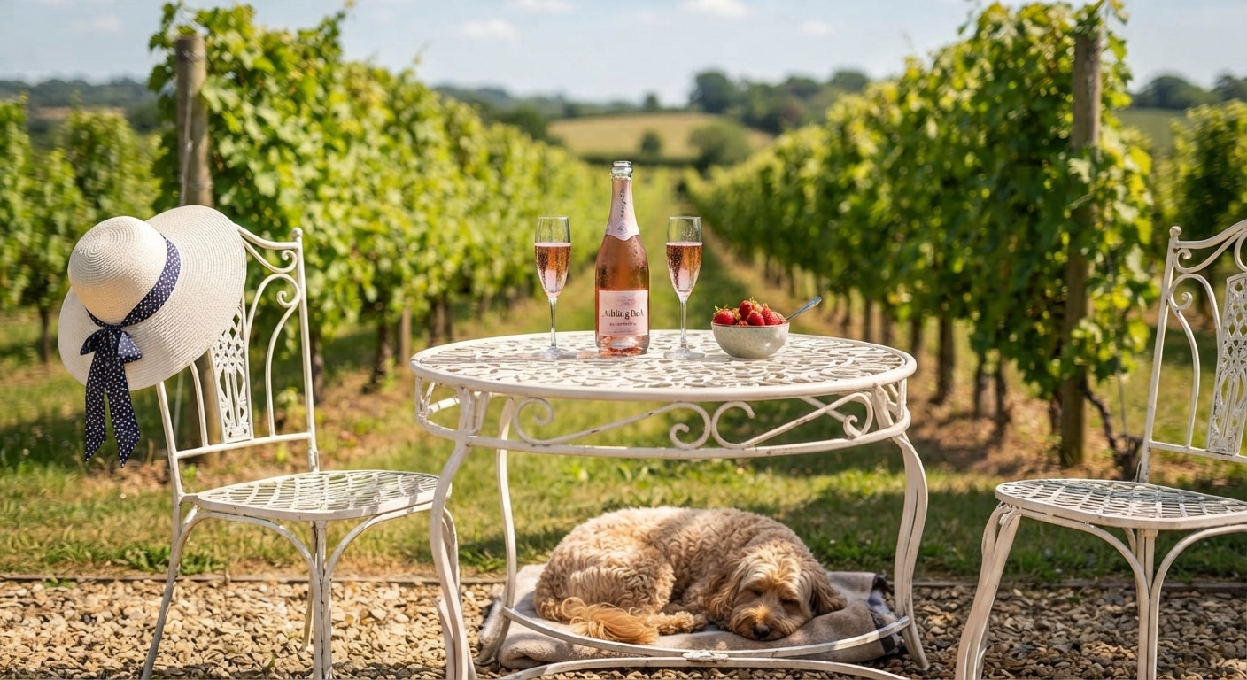 A sunny outdoor photograph captures a relaxing scene in a vineyard. In the foreground, a white wrought iron table and two matching chairs rest on a gravel path. A wide-brimmed straw hat with a dark blue polka dot ribbon is draped over the left chair. On the table, there is a bottle of pink sparkling rosé, two flutes of the same drink, and a small bowl of fresh strawberries. Underneath the table, a light brown, curly-haired dog is sleeping peacefully on a blanket. In the background, rows of lush green grapevines stretch into the distance under a blue sky with light clouds, leading towards rolling hills.